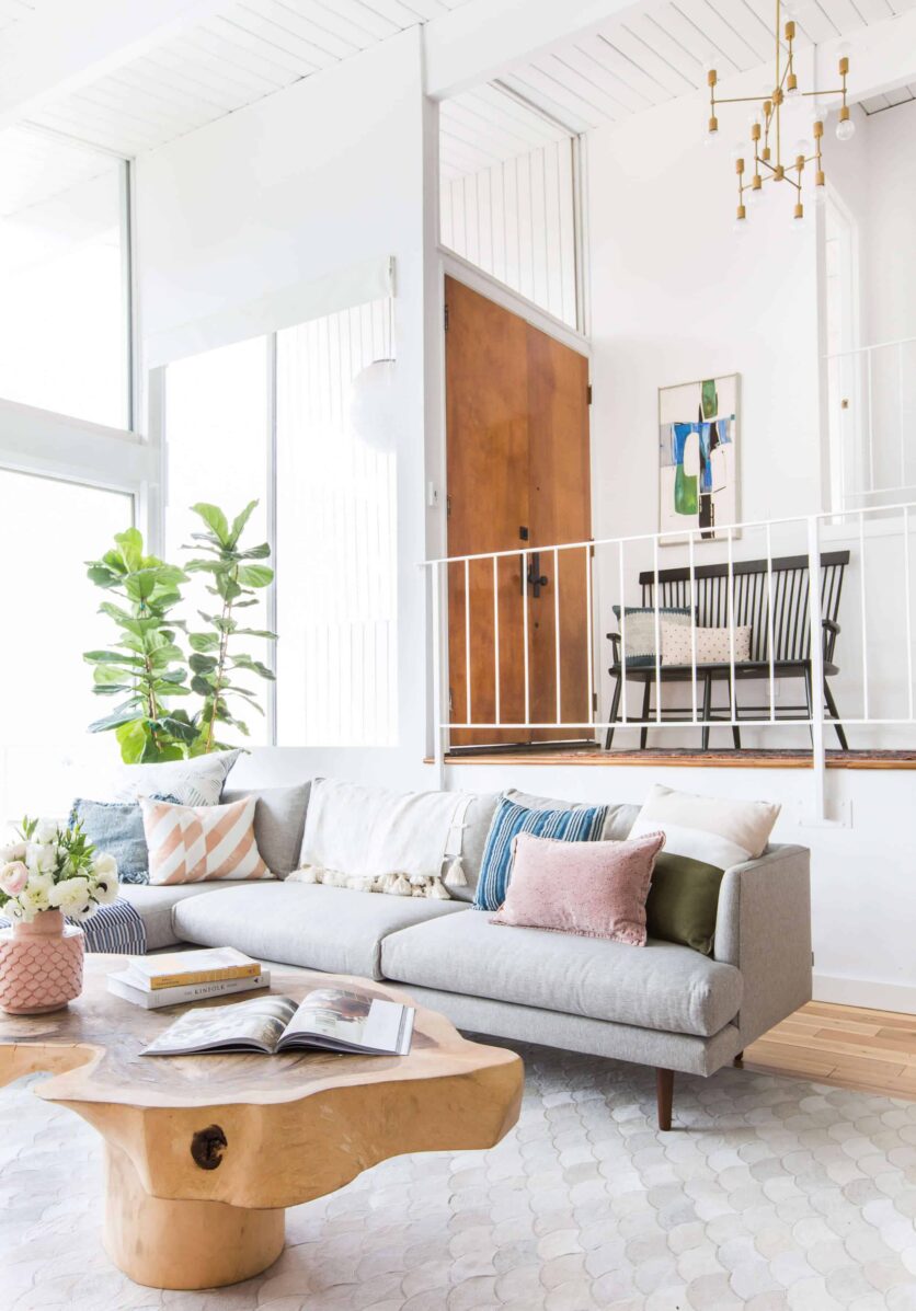 Emily Henderson_Living Room_Staged To Sell_Boho_Mid Century_Eclectic_Blue_White_Styled_Couch_Sectional_Staged2